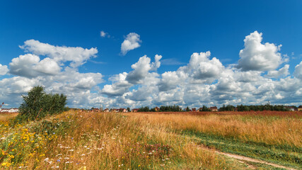 Summer village landscape with beautiful clouds.