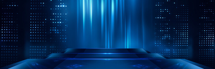 Wall Mural - abstract scene from rays of light with stairs, blue neon, spotlights.