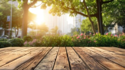 Wall Mural - Wood table top on garden in city background