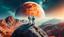 Astronauts Stand On A Huge Rock With Science Fiction Concept To See The Acid Planet
