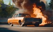 Burning car. Fire of a passenger car in a city parking lot. Fire in the engine compartment, short circuit in the wiring. Open fire and black smoke. Road incident. Gangster mafia wars