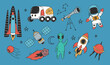 Space rocket astronaut planet cute alien doodle line style concept set. Vector graphic design illustration