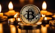 Bitcoin shiners on dark mirror surface in front of candlesticks. Bitcoin on glossy surface, Business background with bitcoin icon, economical concept design