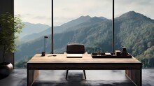 A Minimalistic Workspace With A Sleek Desk, A Single Potted Plant, And A Large Window Offering Views Of A Serene Mountain Landscape