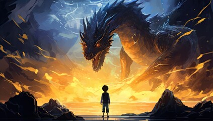 Wall Mural - a small baby boy is looking out at a big scary dragon with lightning in the city