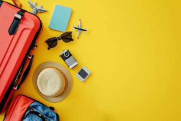 suitcase with travel accessories, sunglasses, hat and camera on a yellow background with copy space 