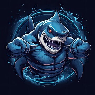 shark with a strong cymbal showing his arms and packs on a black and blue background