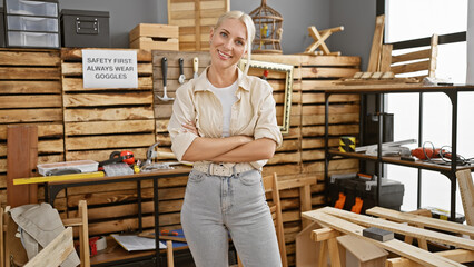 Wall Mural - Vivacious young blonde woman carpenter with delightful smile, arms crossed, standing pridefully in bustling carpentry workshop full of timber and joy