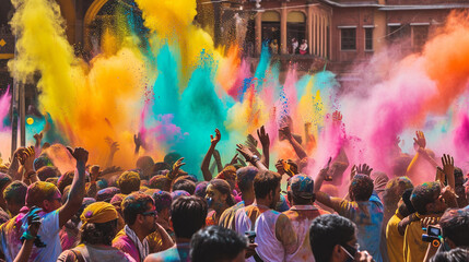 Wall Mural - A vibrant explosion of powdered colors fills the air as a joyous crowd celebrates Holi in a city square. Faces smeared with bright hues, the dynamic movement, and the palpable ener