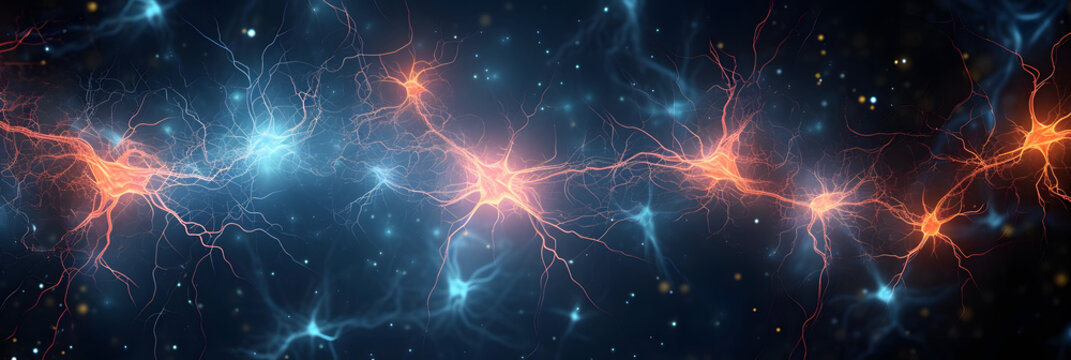 Abstract glowing neuron cells, concept of information transmitting in the brain