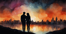 Beautiful Couple In Love. A Man And A Woman In A Gentle Embrace. An Illustration For Valentine's Day. The Concept Of A Family. Two Silhouettes Against The Background Of The City