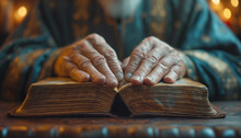 Hands Lying Of An Elderly Man On Large Historical Bible Praying On Bible Hope Faith Christianity