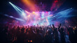 © Anastasiia - Electric Nightlife at Vibrant Concert,  lively concert crowd captured in a burst of dynamic, colorful lights, as they enjoy the electric atmosphere of live music and nightlife.