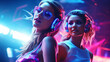 Two shapely fashionable DJ girl dance enjoy music in colorful neon uv purple blue light. Rave house music night club vibes. High Fashion. Young model woman friends relax, woman dancing in nightclub