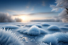 Light Blue Snowflakes Of Frost And Ice Like White Swan Feathers, Icebergs In Polar Regions, Like As Maple Leaves In A Lake At Sunrise And Sunset