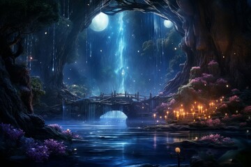 Poster - Serene moonlit waterfalls in Fantasy - Generative AI