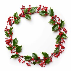 Wall Mural - A perfect circle border made of christmas holly, white background