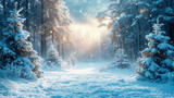Fototapeta Natura - Winter-Themed Season Background. Snowy And Cold Background. With Christmas Trees. Background for Festive Season, Christmas, Winter Season. Snowy Mountain Forest Background