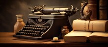Vintage Typewriter With Open Book And Pencil