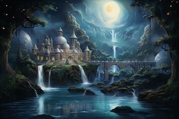 Sticker - Serene moonlit waterfalls in Fantasy - Generative AI