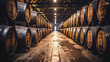 Whiskey, scotch, wine barrels in the aging room. Winery, storage cellar.