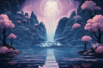 Canvas Print - Serene moonlit waterfalls in Fantasy - Generative AI