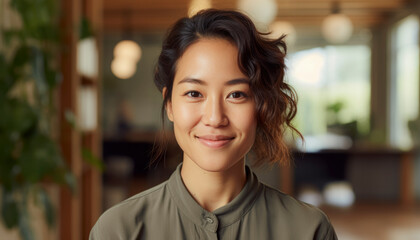 Wall Mural - Asian Woman's Joyful Portrait - Smiling and Happy Young Lady in Casual Style, Radiating Confidence and Positivity - Banner of Summer Happiness and Modern Lifestyle