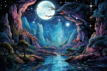 Canvas Print - Serene moonlit waterfalls in Fantasy - Generative AI