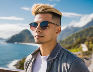 Sticker - Stylish male model sporting fashionable sunglasses in urban outdoor setting