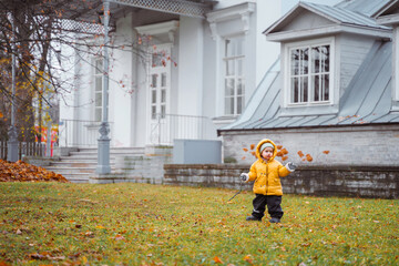 Wall Mural - Child baby toddler in a yellow jacket on the background of an old building with beautiful windows in autumn with leaves