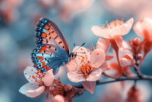 Beautiful Spring Nature Background With Butterfly, Lovely Blossom 