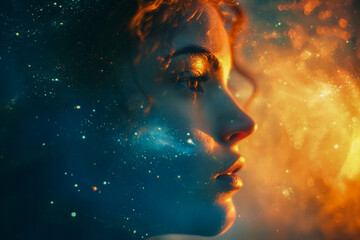 fiery serenity: woman blended with cosmic blue flames