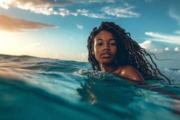 Wall Mural - young black woman swimming happily  in the water of a relaxing tropical sea 