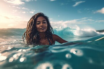 Wall Mural - young black woman swimming happily  in the water of a relaxing tropical sea 