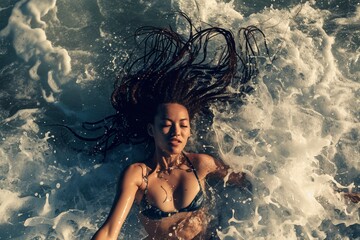 Wall Mural - young black woman swimming happily  in the water of a relaxing tropical sea 