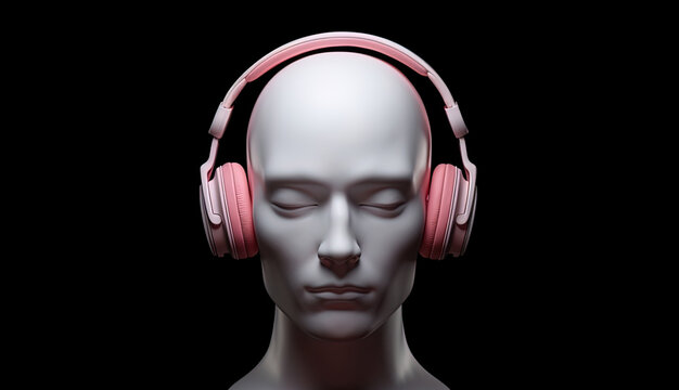 Man listening to music on headphones dark background