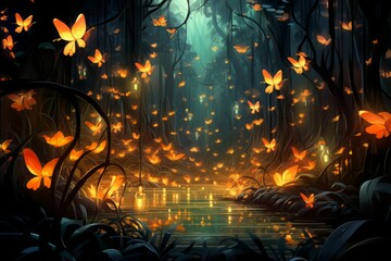 Canvas Print - Luminescent spirit fireflies in Fantasy - Generative AI