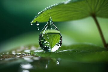 Photo of water drop dropiing from a green leaf