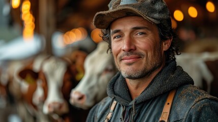 Dedicated Dairy Farmer Engaged in Milking Cows Inside a Traditional Barn Setting