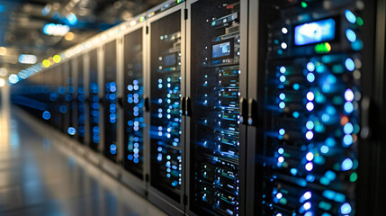 Wall Mural - Data center networking: A well-organized and lit data center with servers, representing networking, computing, and digital infrastructure