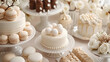 A close-up of a white-themed dessert spread for White Day, featuring an assortment of macarons, cakes, and chocolates adorned with elegant edible pearls. The artistic presentation