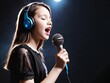 Woman singing with microphone. Generative AI.
