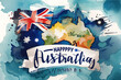 26 January Happy Australia Day greeting card. Australian flag grunge vector illustration with hand-drawn calligraphy lettering and watercolour Australia nation symbol on white background design.