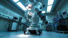 Robotic Surgery Technology: A High-tech Robotic Arm Performing Surgery In A Modern Clinic, Symbolizing Advanced Medical Treatments And Technology