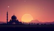 Serene mosque at sunset, with warm hues and a crescent moon, symbolizing the peaceful spirit of Ramadan Kareem