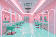 Illustration of a modern shiny, glossy led lit hair salon in pink and mint - Generative AI