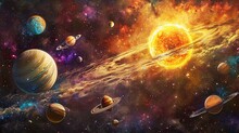 A Vibrant And Colorful Space Scene With Various Planets And Celestial Bodies Generative AI