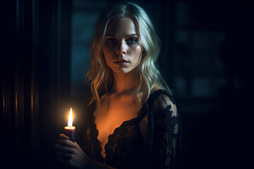 Wall Mural - blonde woman wearing a low-cut black nightgown holding a candle in a dark room giving a feeling of mystery, ai generative