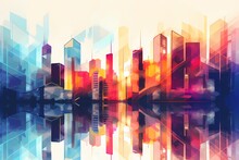 Abstract Geometric Pattern In A City Setting, Featuring Buildings With Vibrant Gradient Colors Reflecting Modern Architecture.