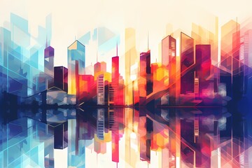 Wall Mural - Abstract geometric pattern in a city setting, featuring buildings with vibrant gradient colors reflecting modern architecture.